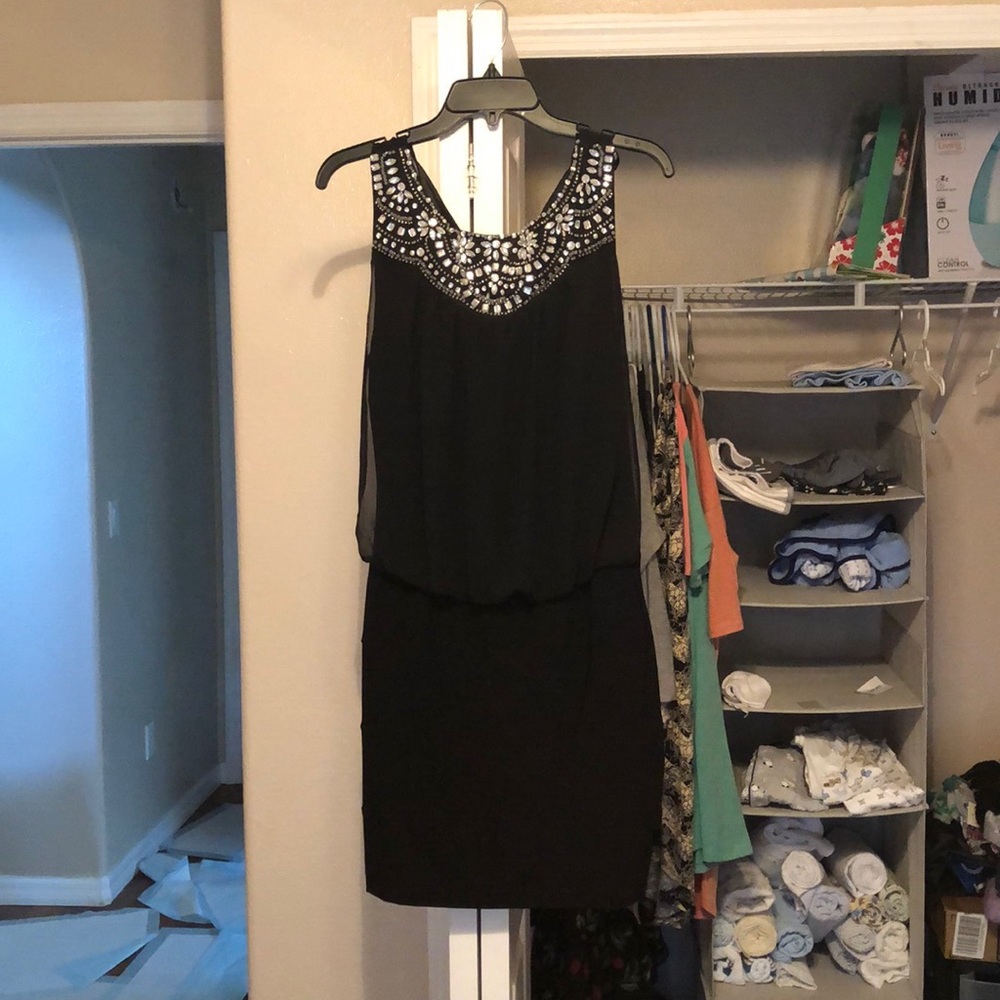 Back cocktail dress. Beaded/rhinestone collar